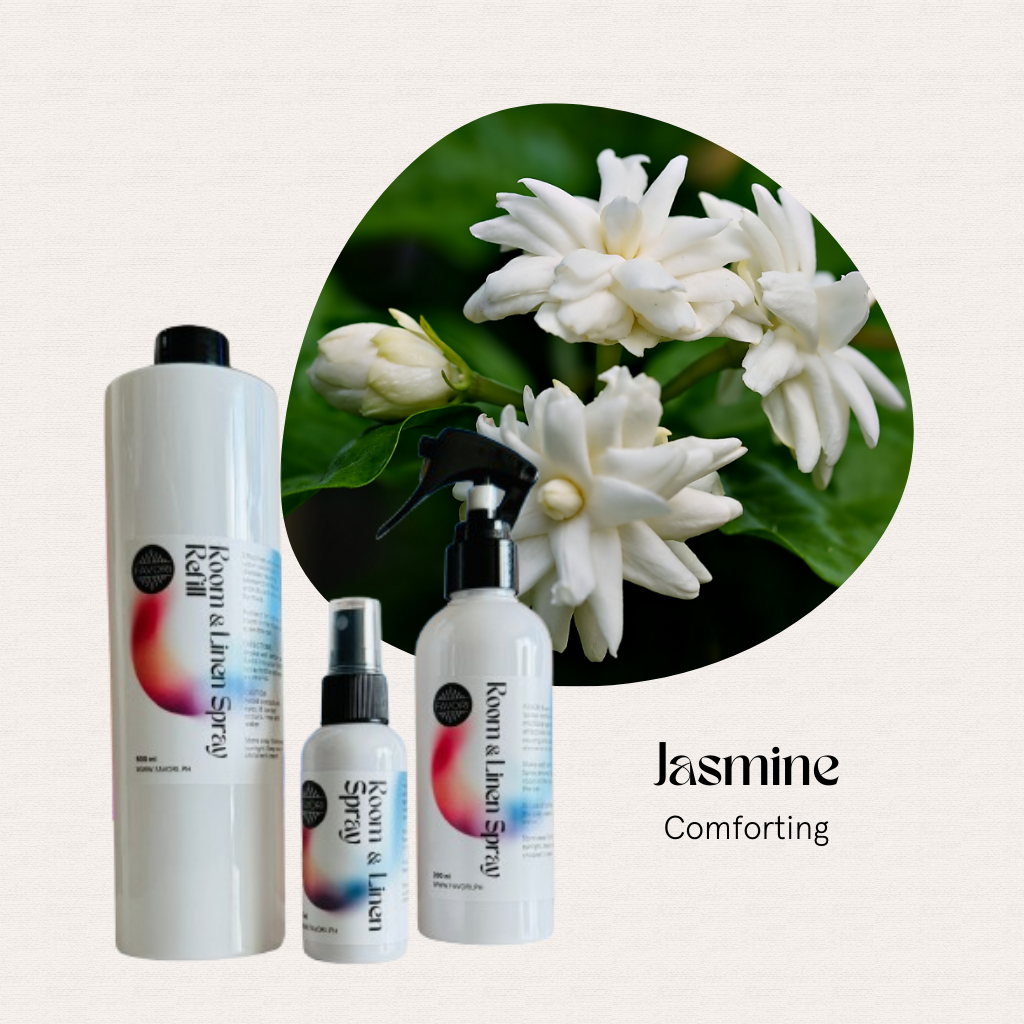 Three white FAVORI Scents bottles; text reads Trio – Regular Room & Linen Air Spray (AS), Jasmine scent.