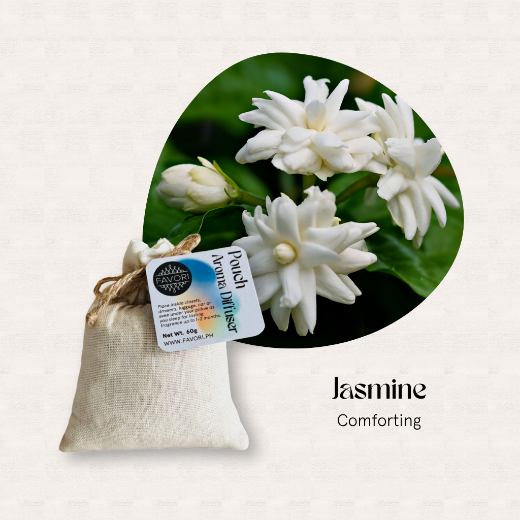 The FAVORI Scents PAD linen pouch, labeled Jasmine, is ideal for water-soluble aroma oil or diffusers.