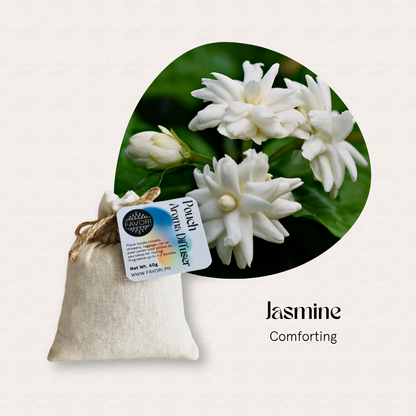 The FAVORI Scents PAD linen pouch, labeled Jasmine, is ideal for water-soluble aroma oil or diffusers.