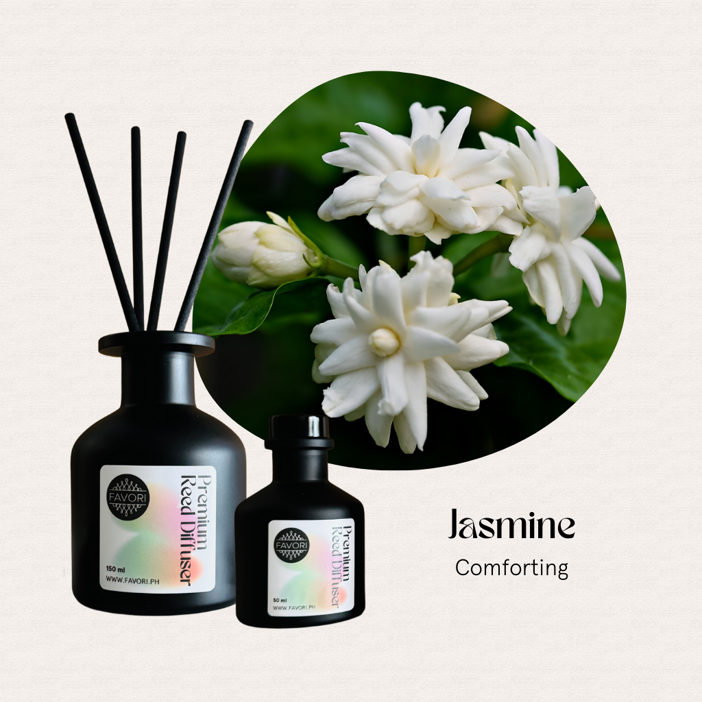 FAVORI Scents Jasmine Premium Reed Diffuser (PRD) beside jasmine flowers with anti-microbial properties.