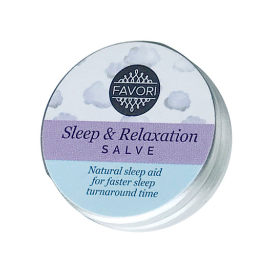 A container of FAVORI Scents Sleep and Relaxation Salve, marketed as a natural sleep aid for faster sleep turnaround time.