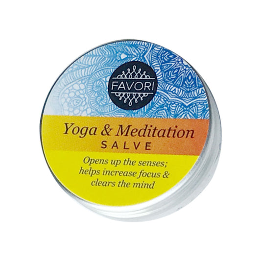 A container of FAVORI Scents Yoga and Meditation Salve with branding and product claims on the label.