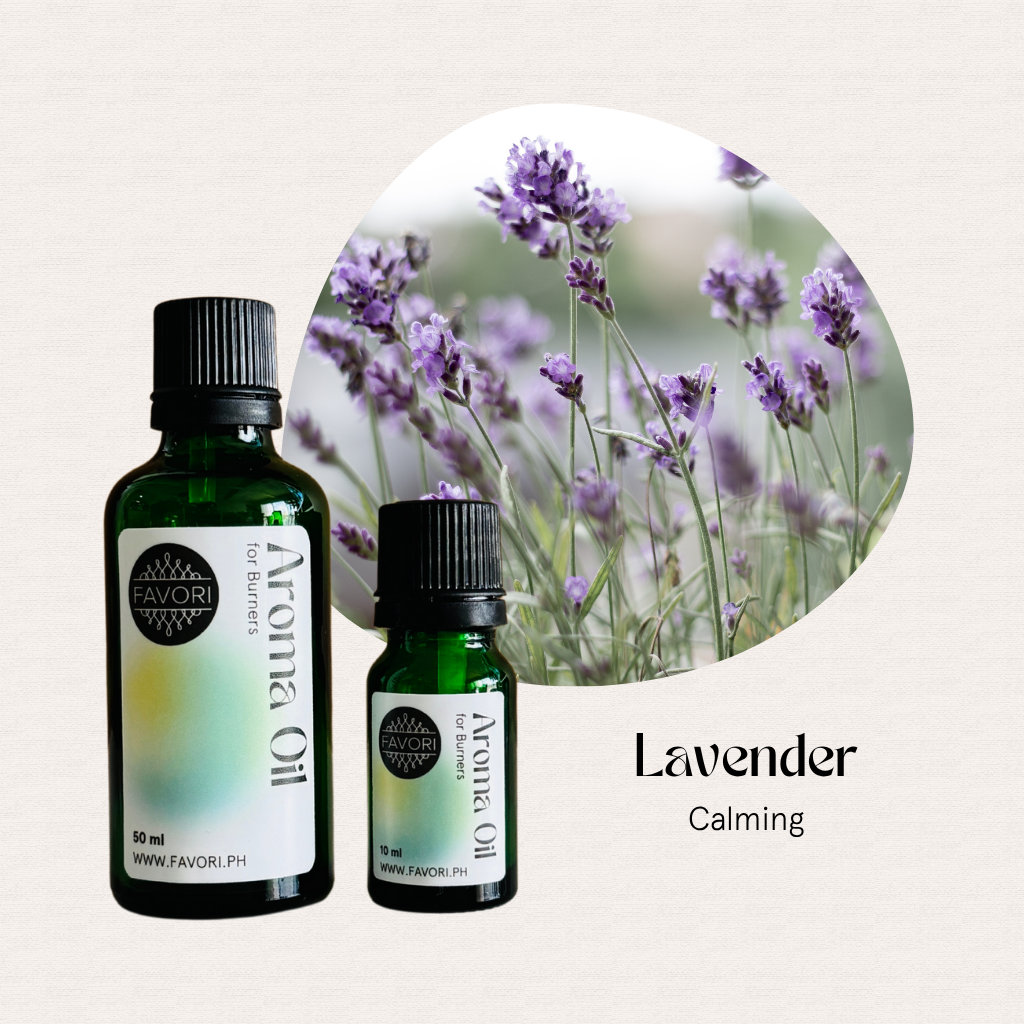 Two green FAVORI Scents Burner Aroma Oils with blooming lavender, perfect for burners. Lavender Calming.