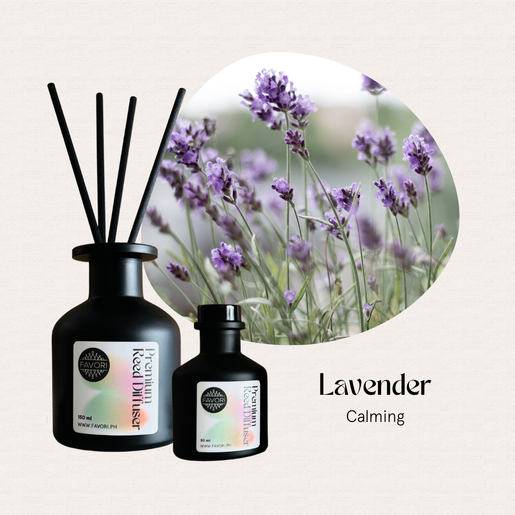 FAVORI Scents Lavender Premium Reed Diffuser (PRD) beside blooming lavender; text: Lavender sleep aid.