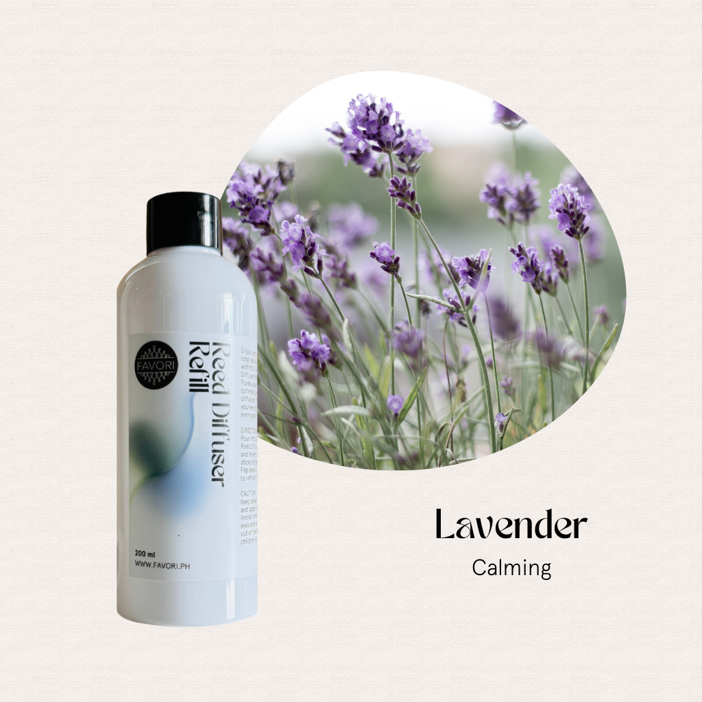 FAVORI Scents Lavender Reed Diffuser Refill (RDR) with fiber sticks and Blooming Lavender, Lavender Calming text.