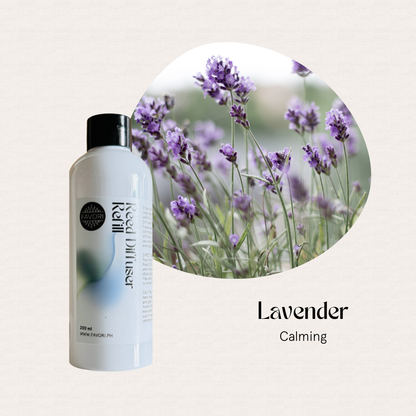 FAVORI Scents Lavender Reed Diffuser Refill (RDR) with fiber sticks and Blooming Lavender, Lavender Calming text.