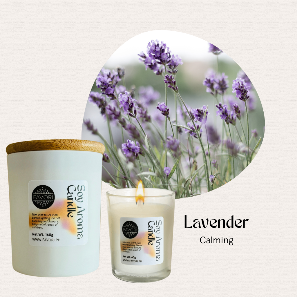 A premium FAVORI Scents All Occasion soy candle with lavender flowers; text reads Lavender Calming.