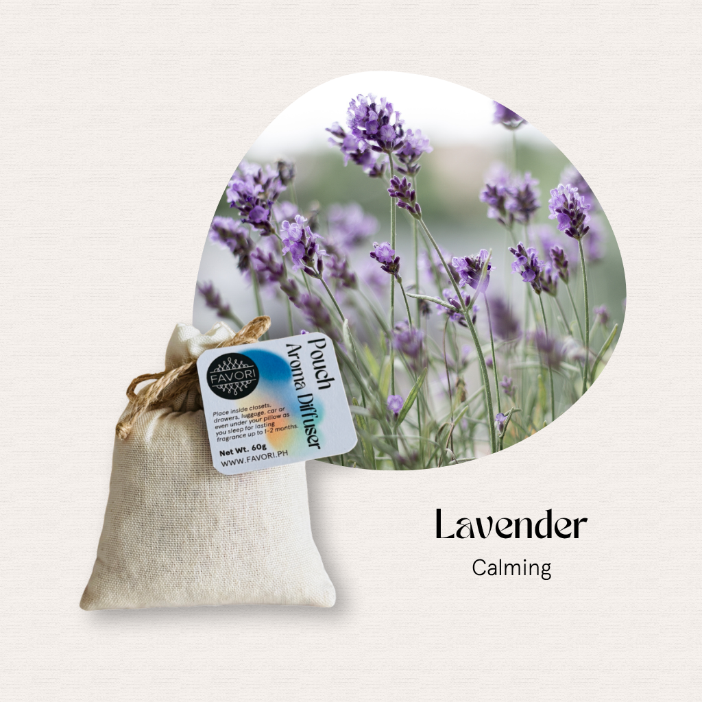 A FAVORI Scents PAD pouch labeled Lavender; features fresh lavender flowers and calming aroma diffuser oil.