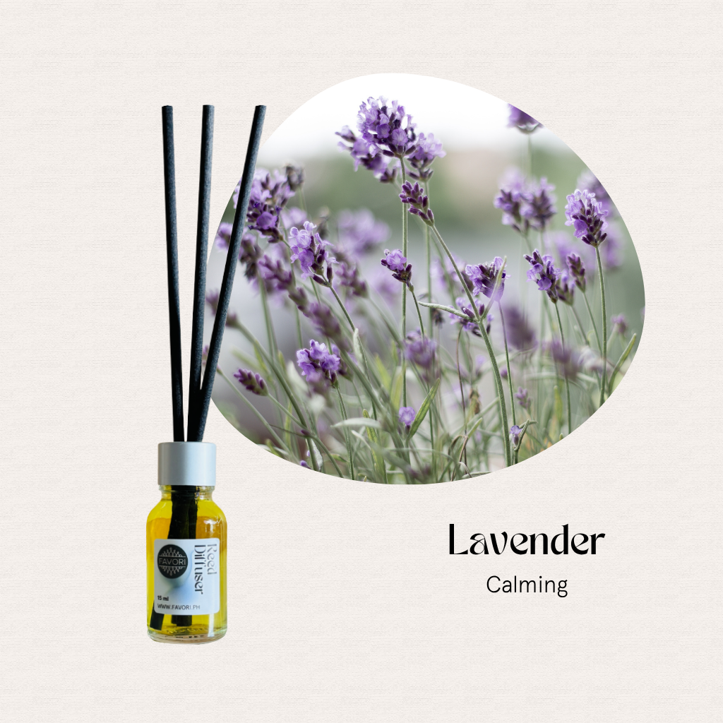 FAVORI Scents Mini Reed Diffusers (MRD) with black reeds and blooming lavender photo, labeled Lavender Calming.