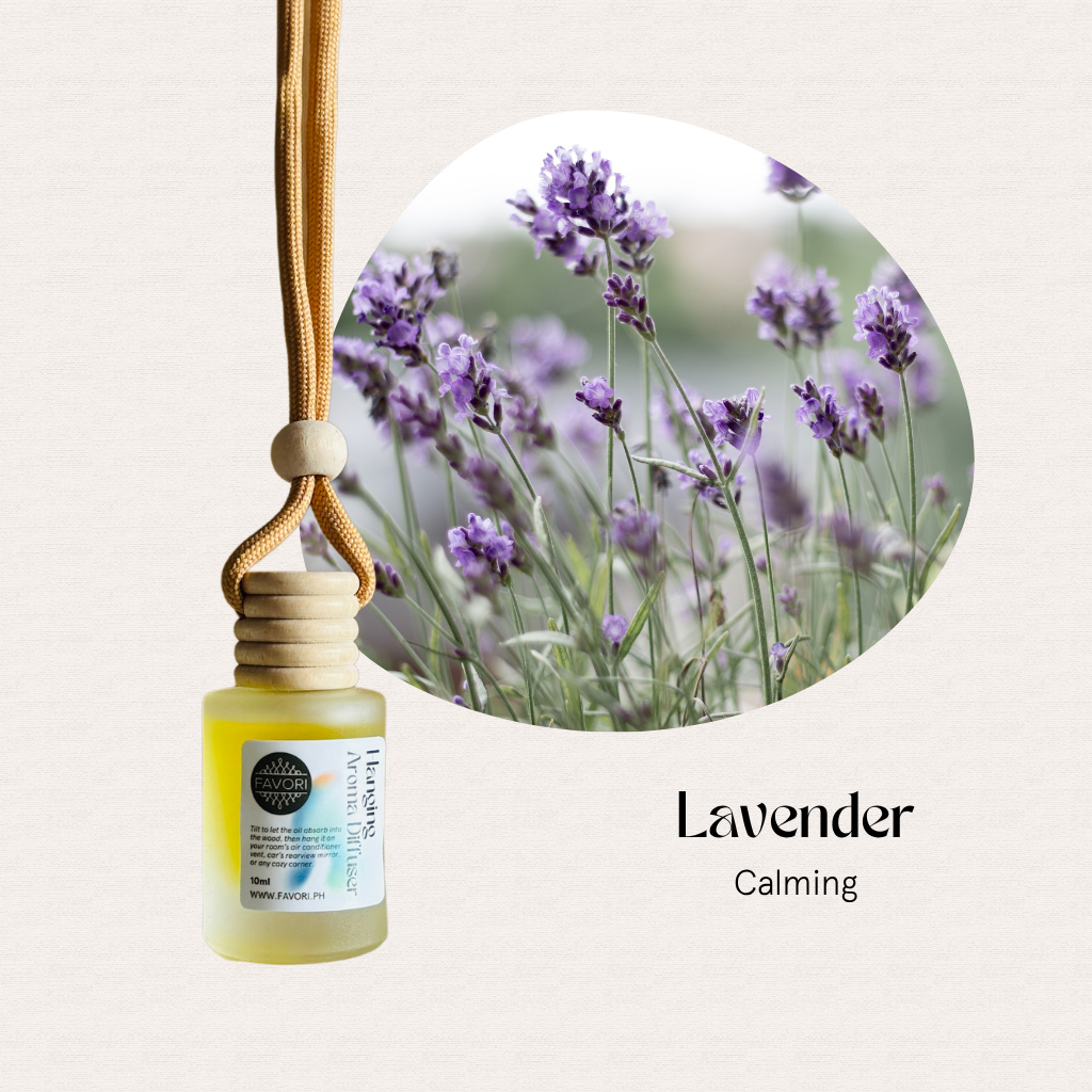 FAVORI Scents Hanging Aroma Diffusers (HAD) with lavender oil, Lavender Calming, beside blooming flowers.