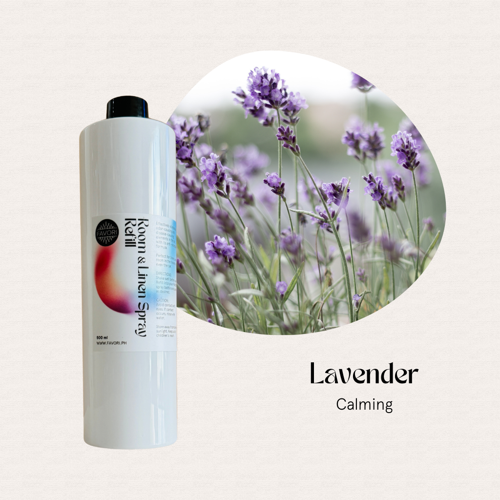 A bottle of FAVORI Scents Refill – Regular Room & Linen Air Spray (AS) 500ml in Lavender Calming.