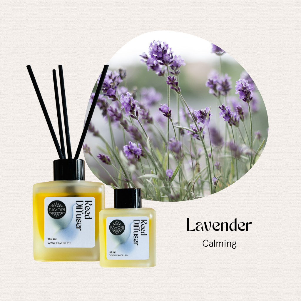 Two FAVORI Scents Lavender RRDs with blooming lavender flowers, our natural sleep aid air freshener.