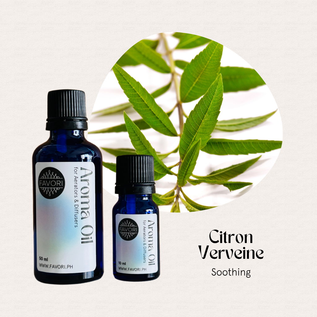 Two blue bottles of FAVORI Scents AD Aroma Oils, Citron Verveine Soothing scent with citron verbena leaves.