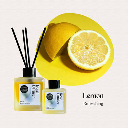 Two FAVORI Scents Lemon Regular Reed Diffusers with a halved lemon on yellow, labeled Lemon Refreshing.
