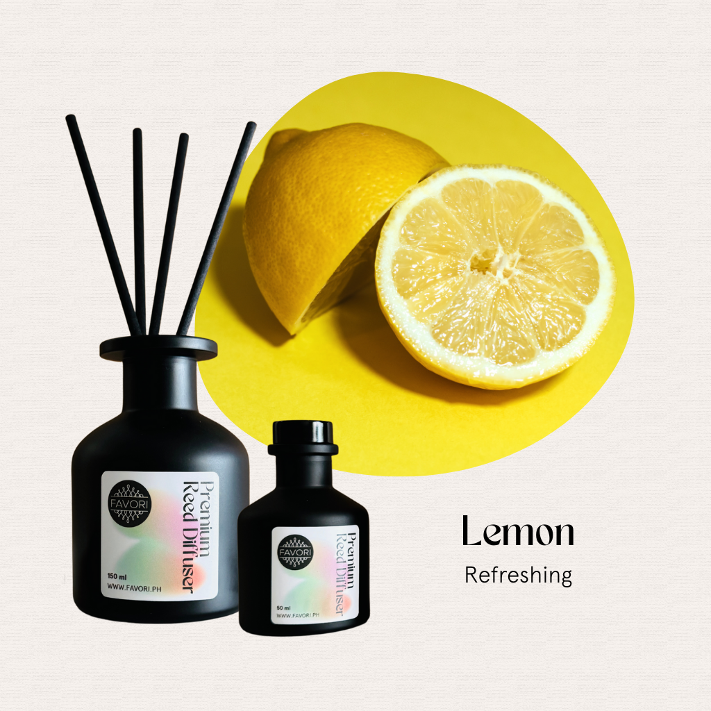 Two Lemon Premium Reed Diffuser (PRD) bottles by FAVORI Scents for a long-lasting lemon aroma.