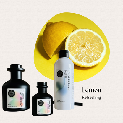 A halved lemon with FAVORI Scents Lemon Trio Premium Reed Diffuser bottles and “Refreshing, long-lasting aroma.”.