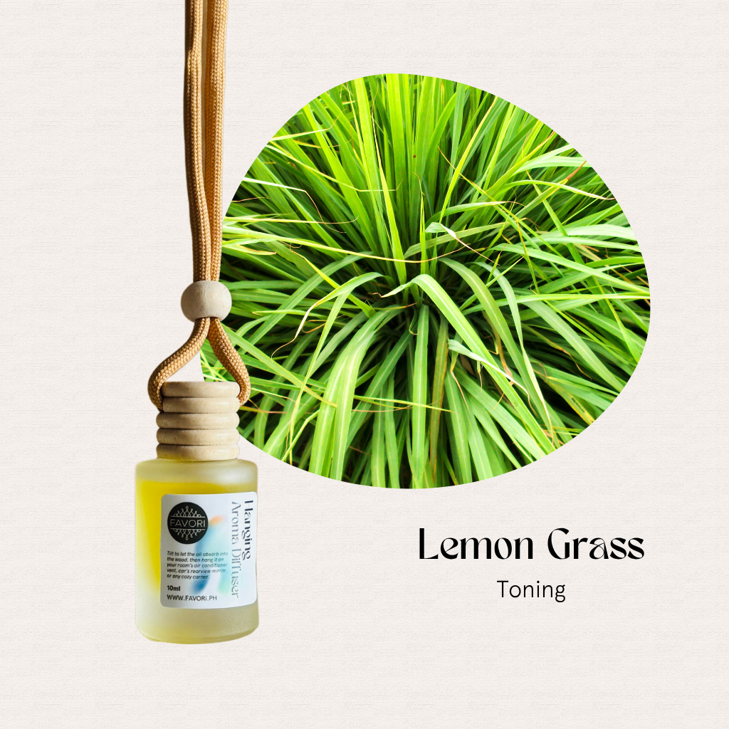 A FAVORI Scents HAD labeled Lemongrass hangs before fresh green lemongrass blades.