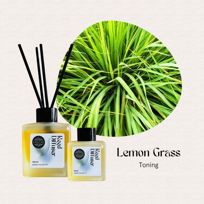 Two FAVORI Scents Lemon Grass Regular Reed Diffusers offer an anti-microbial aroma.