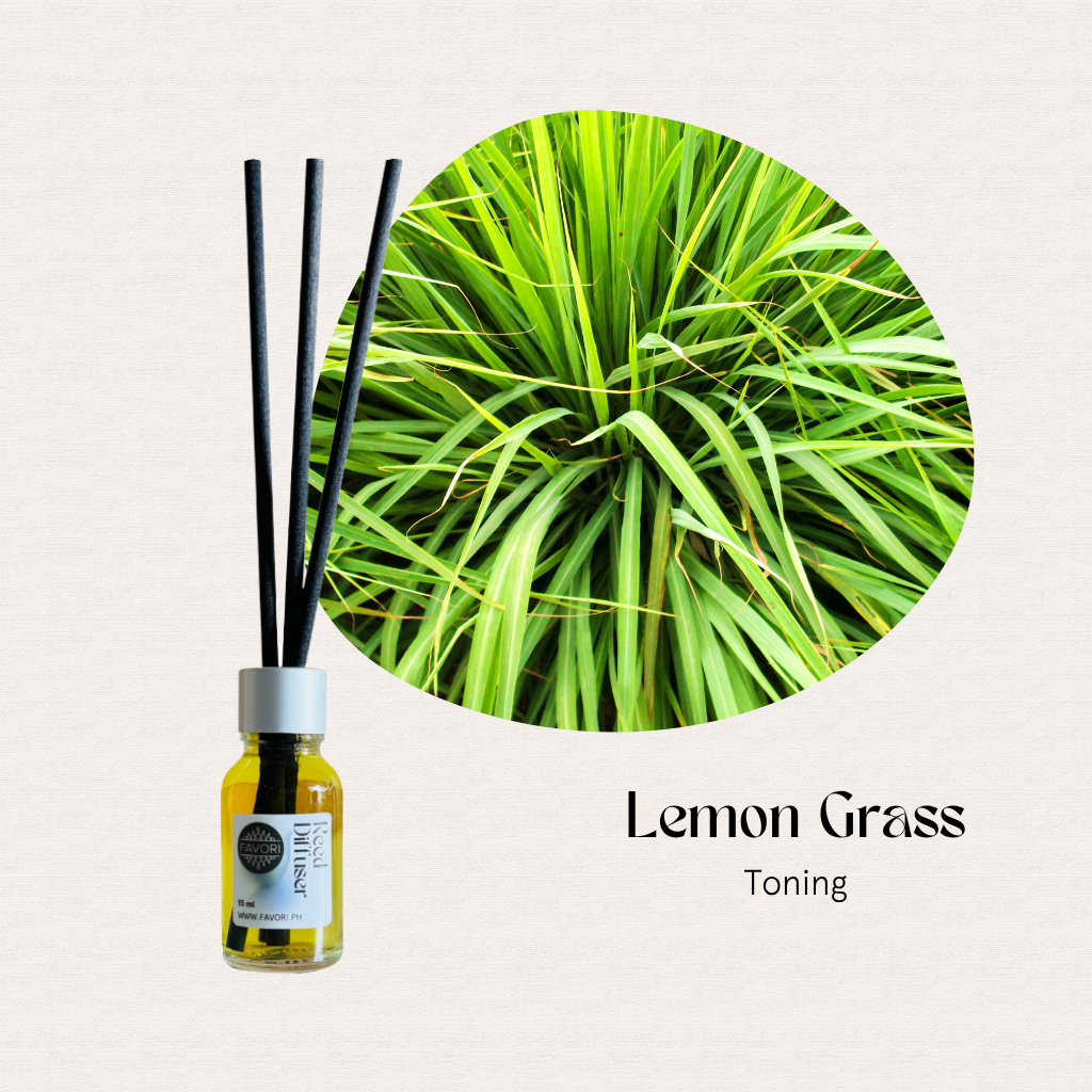 FAVORI Scents Mini Reed Diffusers (MRD) with fiber sticks, labeled Lemon Grass Toning.