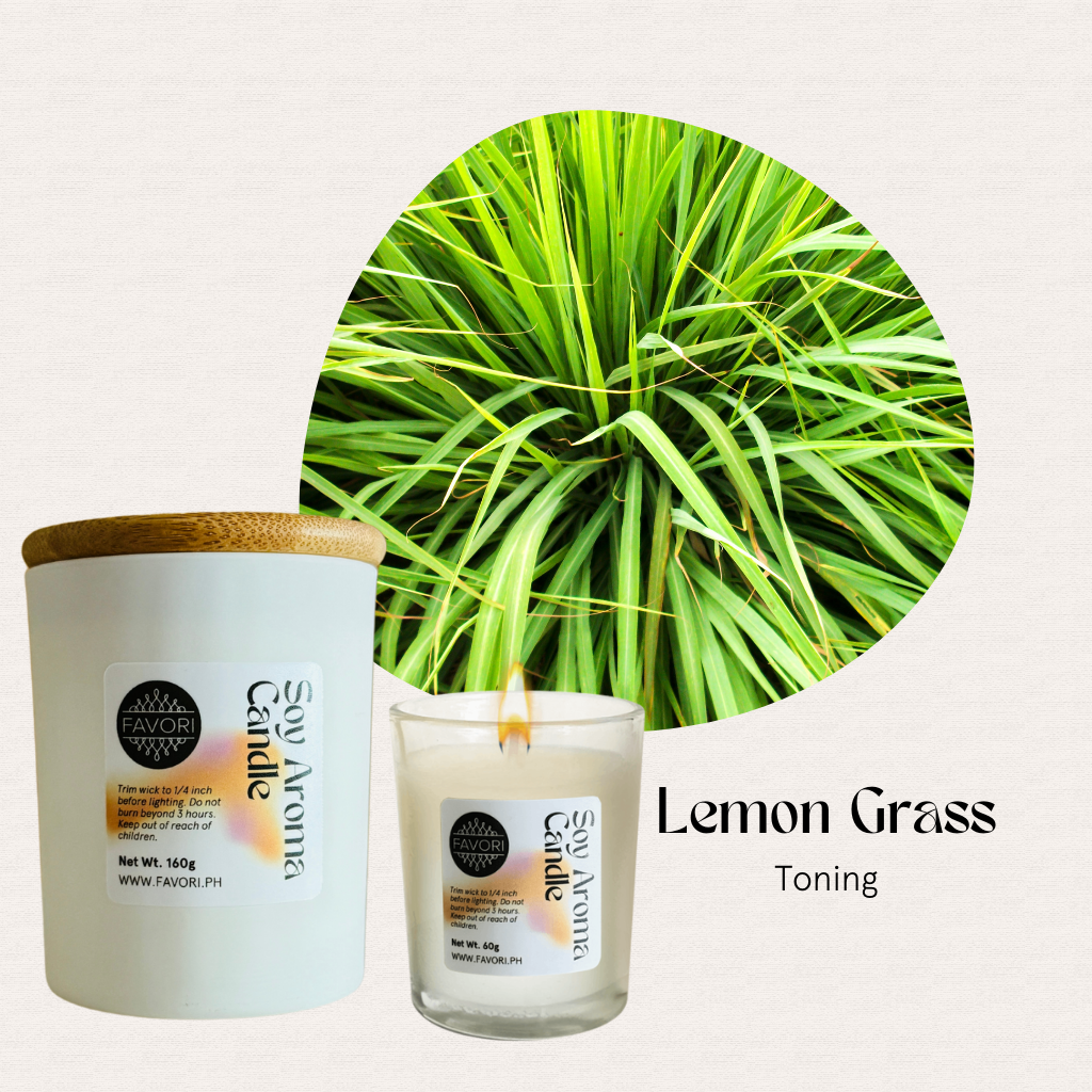 Two All Occasion soy candles by FAVORI Scents with fresh green lemongrass and the text Lemon Grass Toning.