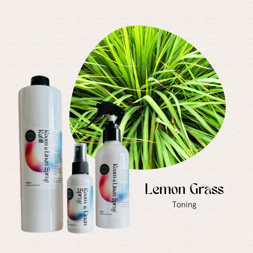 Three FAVORI Scents Trio Room & Linen Air Sprays with lemongrass, ideal for natural odor removal.