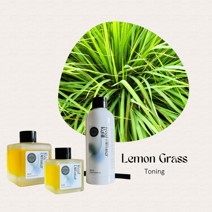 Three FAVORI Scents lemongrass beauty products and text are displayed by a Lemon Grass Trio Reed Diffuser.