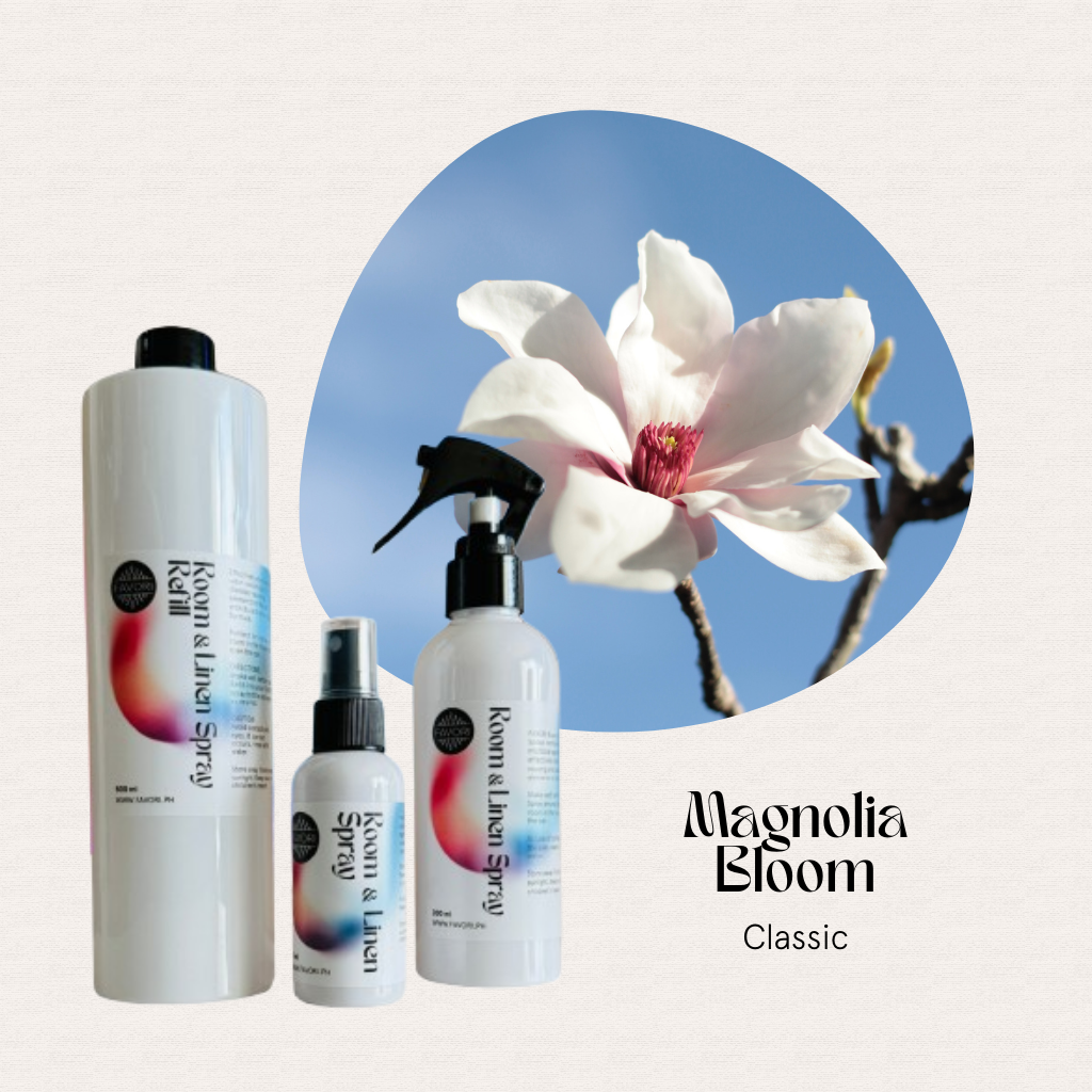 Three FAVORI Scents Trio bottles with Magnolia Bloom Classic text, plus a Regular Room & Linen Air Spray.