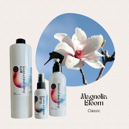 Three FAVORI Scents Trio bottles with Magnolia Bloom Classic text, plus a Regular Room & Linen Air Spray.