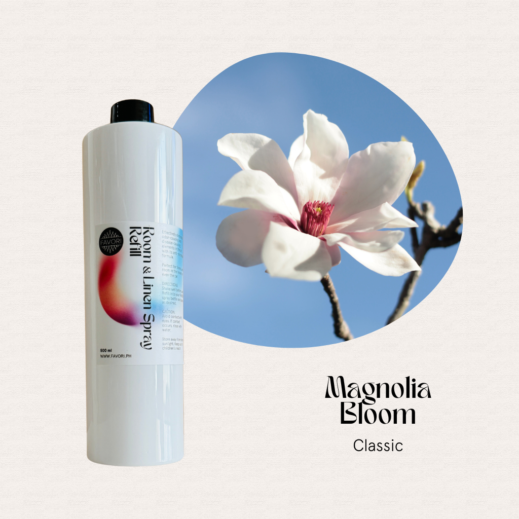 White FAVORI Scents Refill – Regular Room & Linen Air Spray 500ml beside blooming magnolia, Magnolia Bloom Classic.