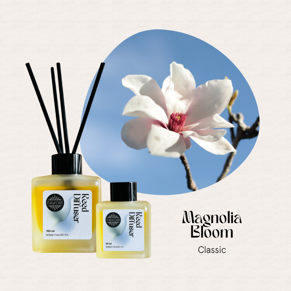 Two FAVORI Scents Magnolia Bloom Reed Diffusers with magnolia flower, set against a blue sky.