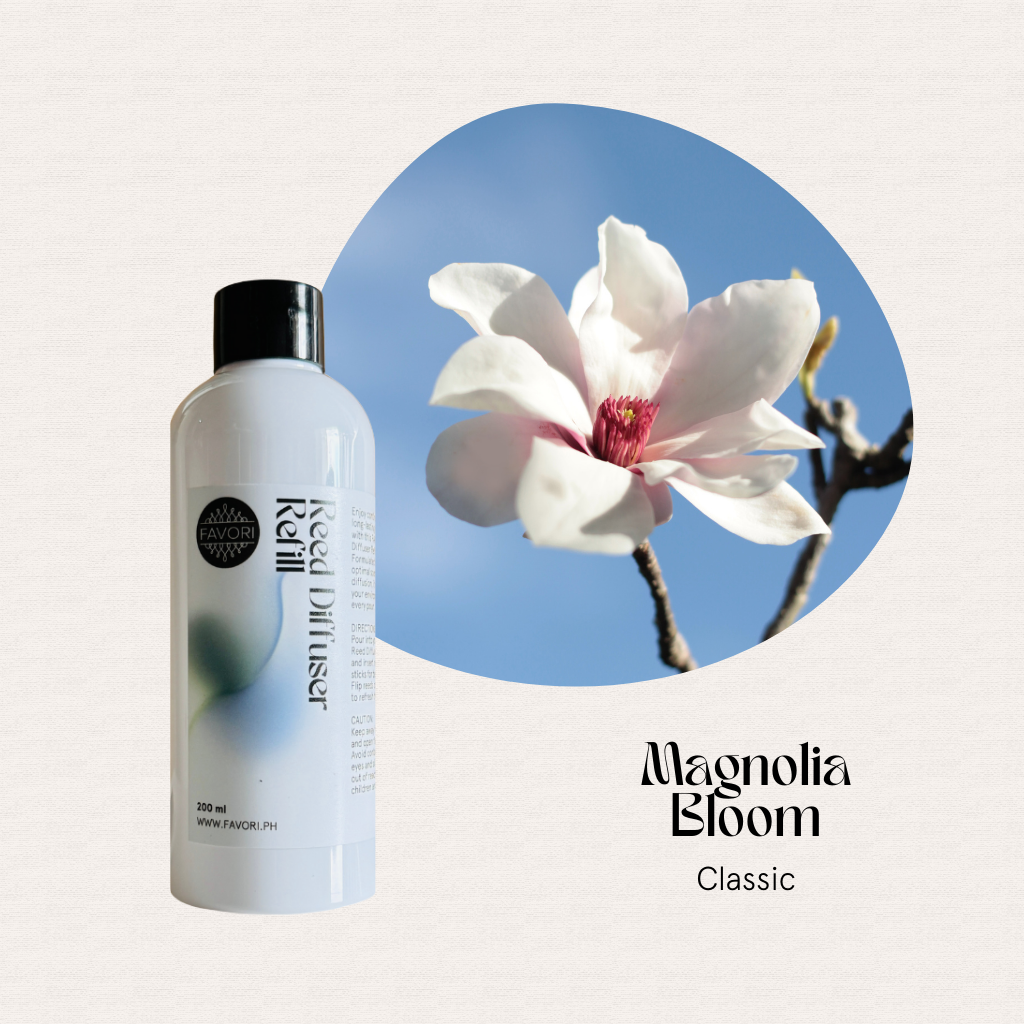 A white FAVORI Scents Magnolia Bloom Reed Diffuser Refill (RDR) promises long-lasting fragrance.