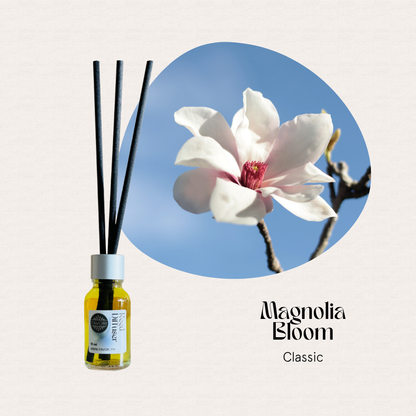 A FAVORI Scents Mini Reed Diffuser (MRD) sits beside a blooming magnolia—Magnolia Bloom scent.