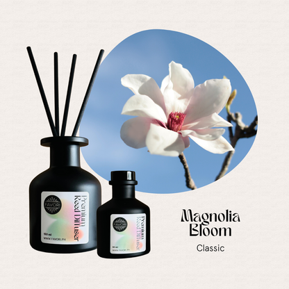 FAVORI Scents Magnolia Bloom Premium Reed Diffuser with sticks brings the essence of blooming pink magnolias.