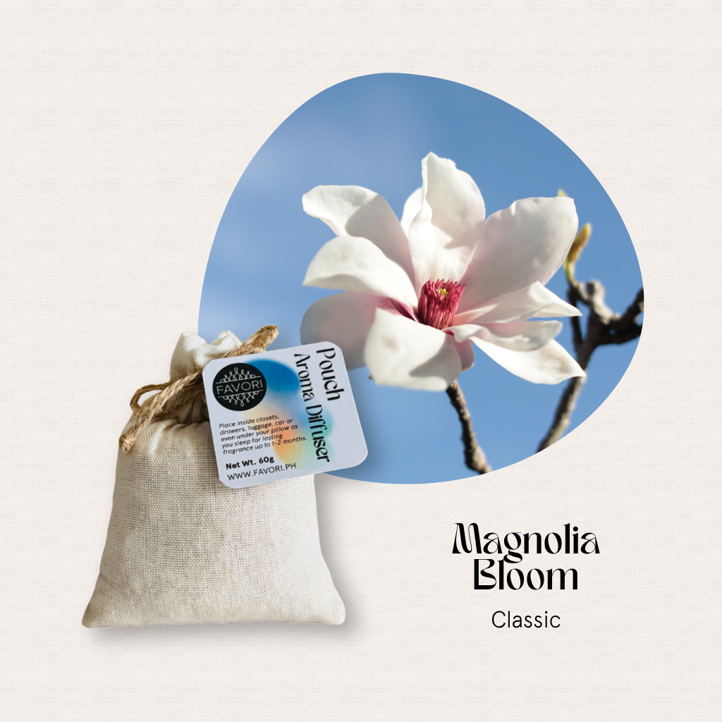 A white magnolia flower and pouch, perfect with FAVORI Scents Pouch Aroma Diffusers (PAD).