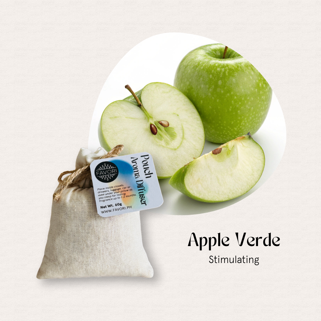 Whole and sliced green apples with FAVORI Scents Apple Verde PAD; text reads Apple Verde Stimulating.