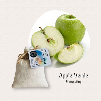 Whole and sliced green apples with FAVORI Scents Apple Verde PAD; text reads Apple Verde Stimulating.