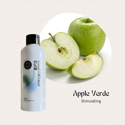Green apple slices and a FAVORI Scents Apple Verde Reed Diffuser Refill (RDR) labeled: Stimulating aroma oil.