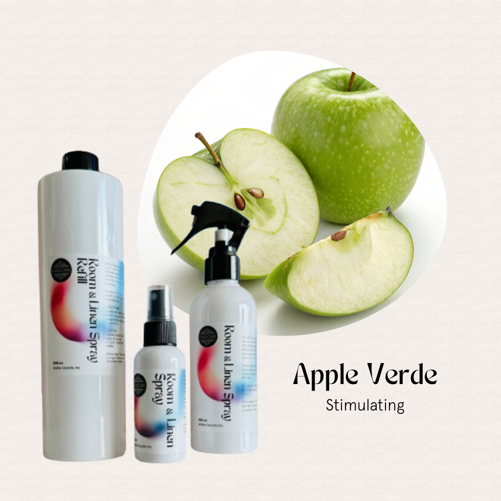 Three air spray bottles, text reads FAVORI Scents Trio – Regular Room & Linen Air Spray (AS).