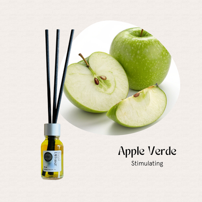 FAVORI Scents Mini Reed Diffusers (MRD) with fiber sticks and green apple scent, Apple Verde Stimulating.