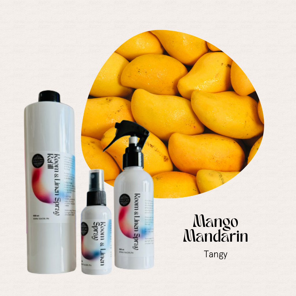 Three FAVORI Scents Trio Air Sprays in Mango Mandarin Tangy scent, perfect for odor removal.