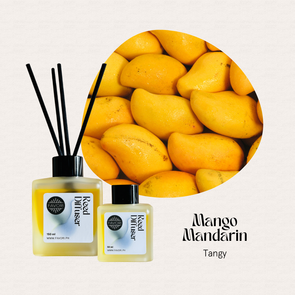 Two FAVORI Scents Mango Mandarin RRDs give a tangy, floral-fruity aroma like ripe mangoes with yellow liquid.