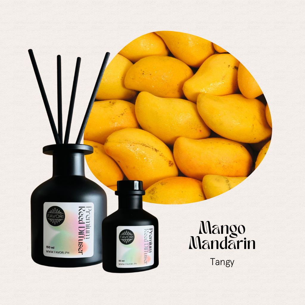 FAVORI Scents Mango Mandarin Premium Reed Diffuser features a long-lasting aroma with bright yellow mango notes.