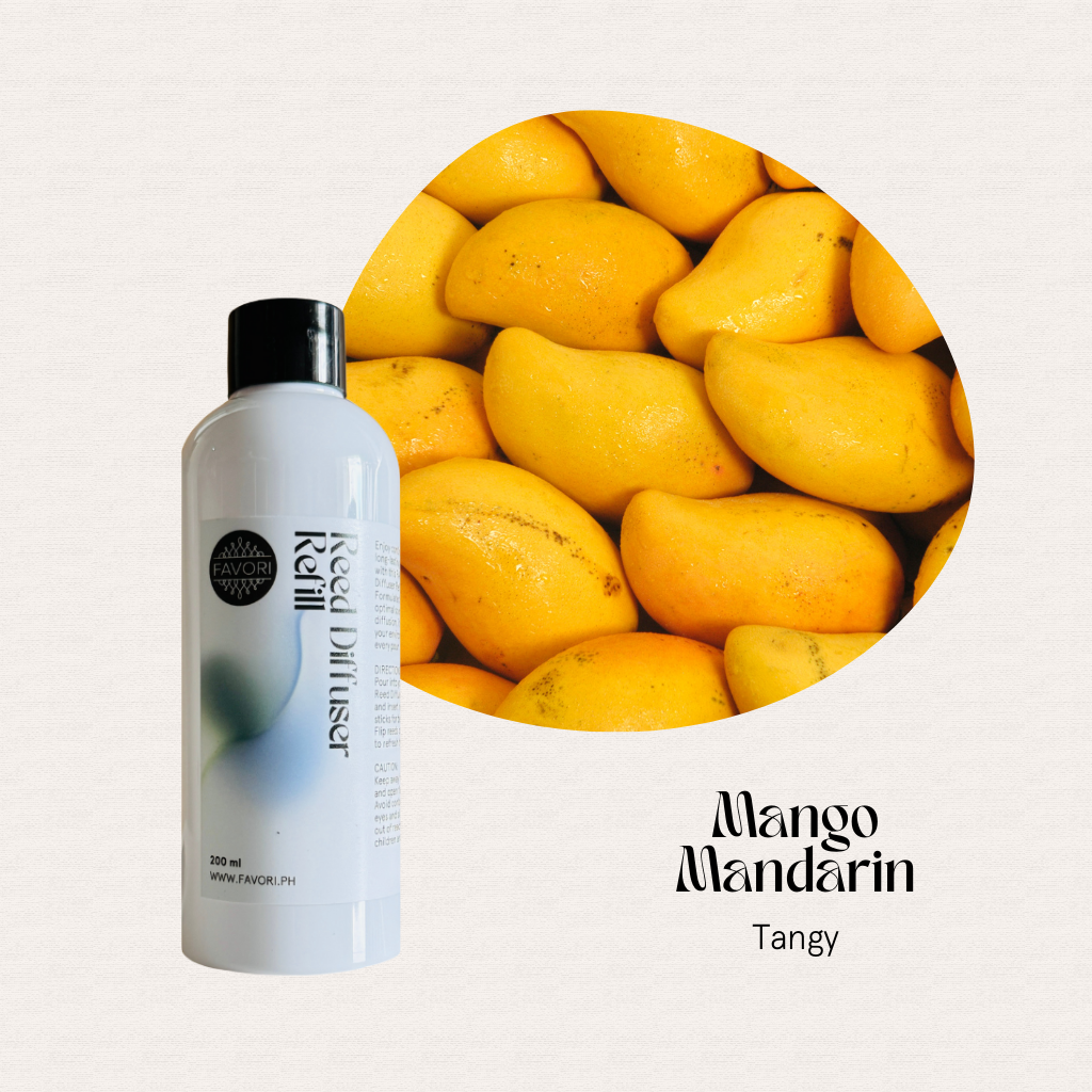 A FAVORI Scents Mango Mandarin RDR sits by ripe mangoes, labeled “Tangy.”.