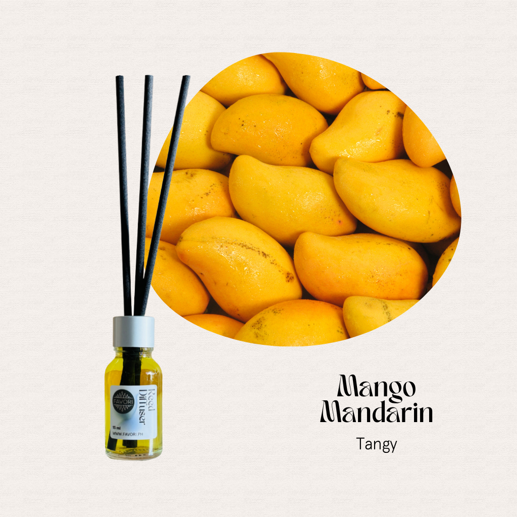 FAVORI Scents Mini Reed Diffusers (MRD) with fiber sticks in Mango Mandarin; text: Tangy.