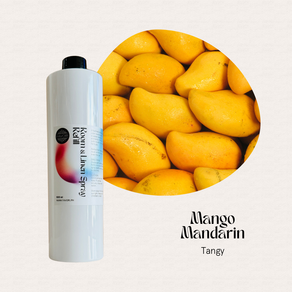 FAVORI Scents Mango Mandarin Air Spray 500ml beside fresh mangoes; text reads Mango Mandarin Tangy.