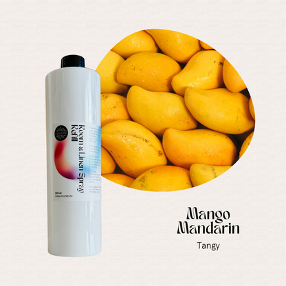 FAVORI Scents Mango Mandarin Air Spray 500ml beside fresh mangoes; text reads Mango Mandarin Tangy.