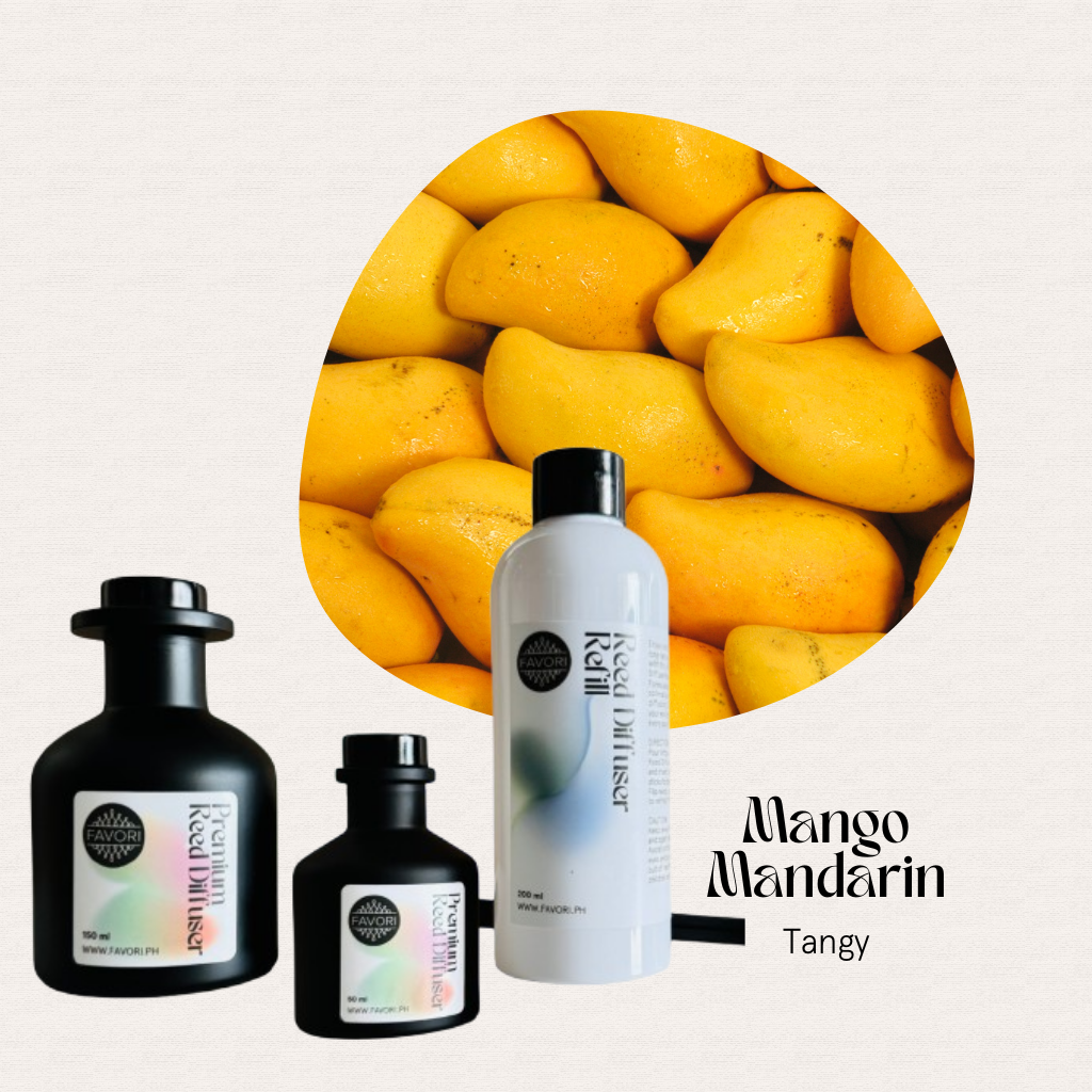 Three FAVORI Scents Mango Mandarin Trio Reed Diffusers with mangoes promise a long-lasting fragrance.