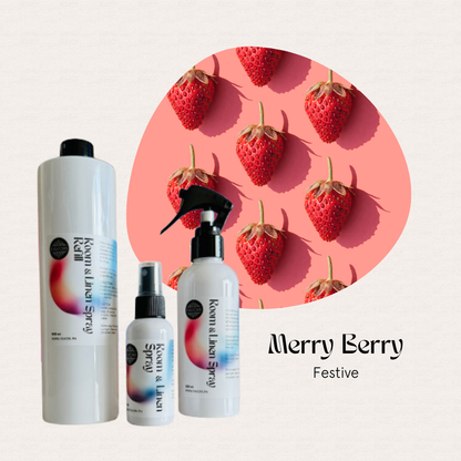 Three FAVORI Scents Trio Air Spray bottles with “Merry Berry Festive” text, ideal for room & linen odor removal.