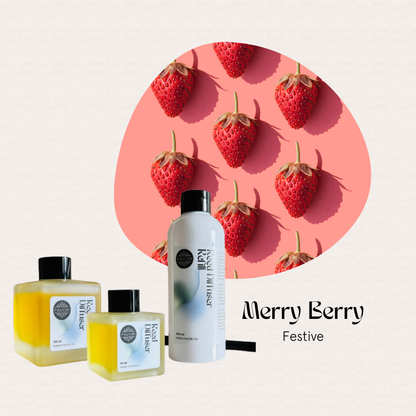 Merry Berry Trio Reed Diffuser by FAVORI Scents with strawberries on pink; Merry Berry Festive fragrance text.