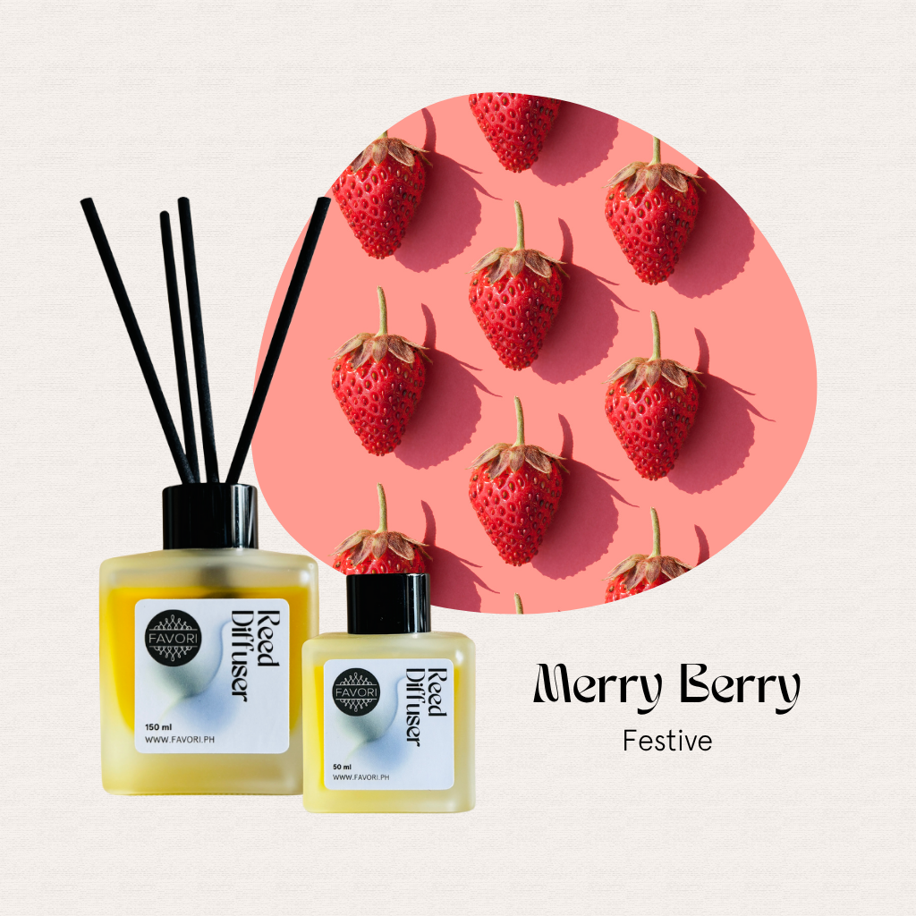 Two FAVORI Merry Berry RRDs with long-lasting scent and strawberries on pink, text: Merry Berry Festive.